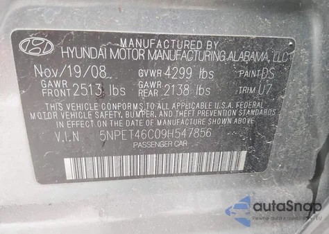 2009 Hyundai Sonata Gls z USA, uszkodzony, nr VIN 5NPET46C09H547856